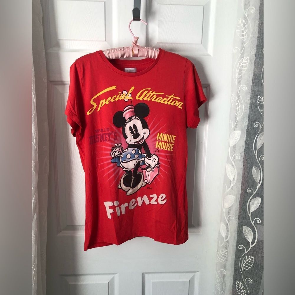 Vintage Y2K Cute Disney Red Top with Firenze Minnie Print, size UK 16 Eur 44, US